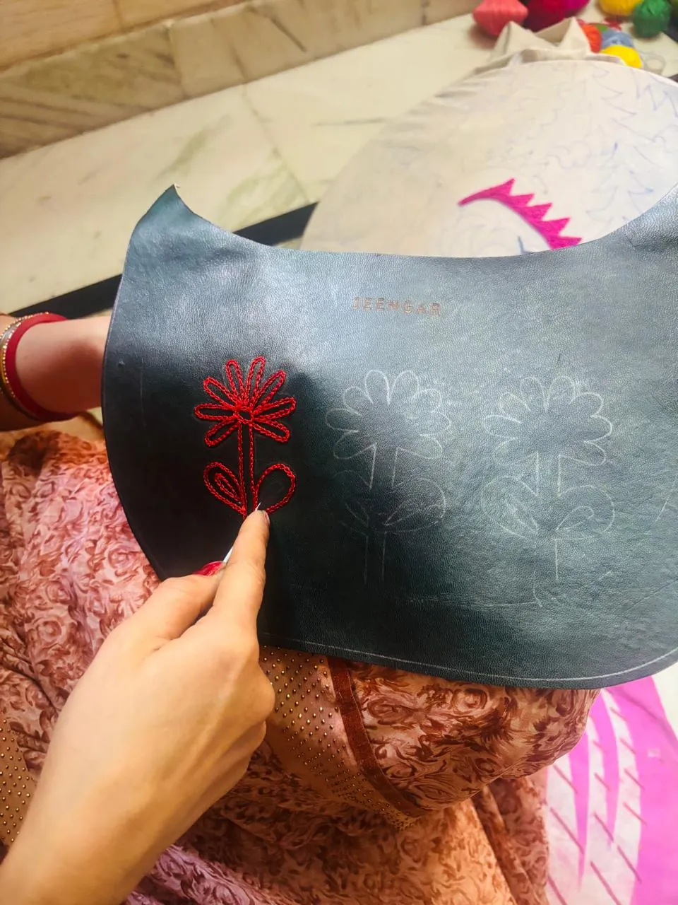 Kashida embroidery on leather